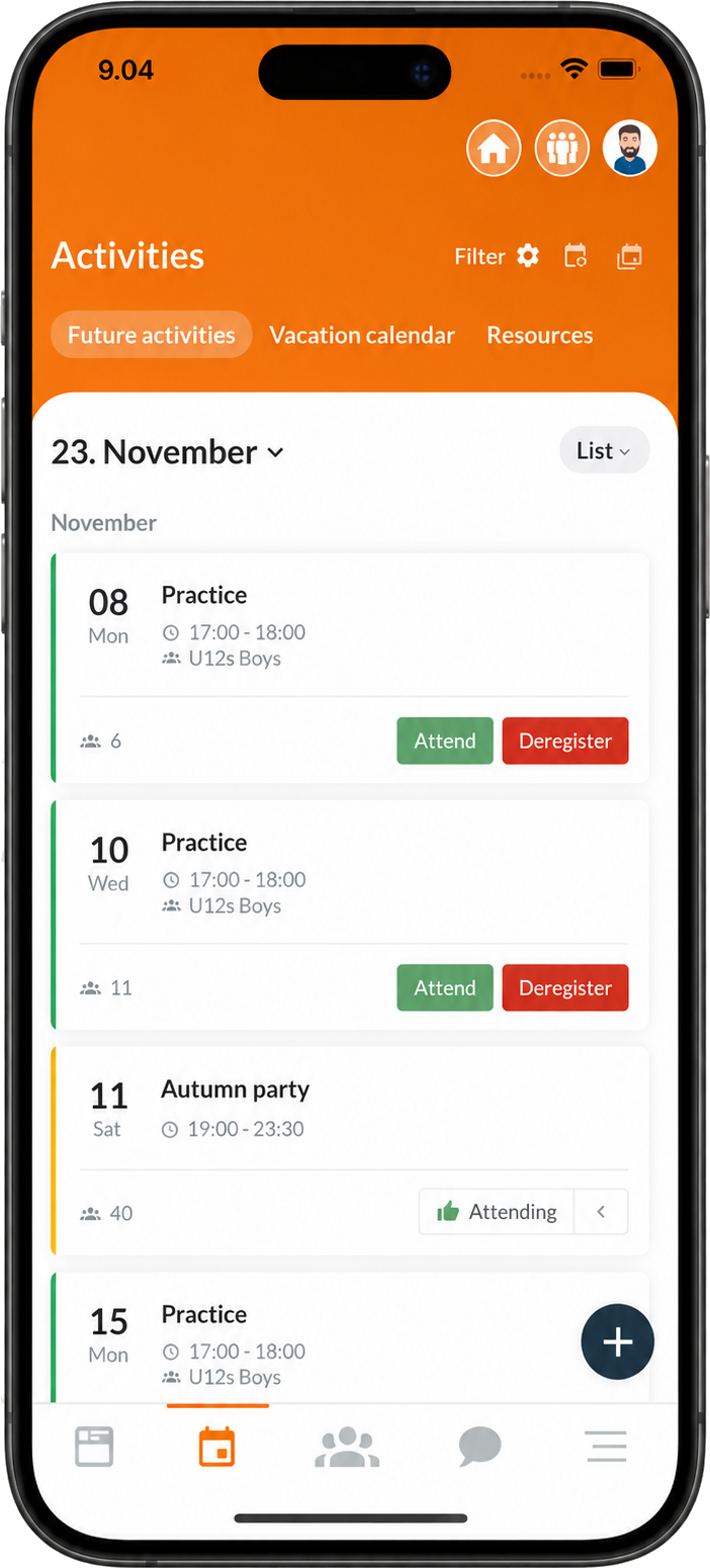 The SportMember app calendar – upcoming practices, matches and events