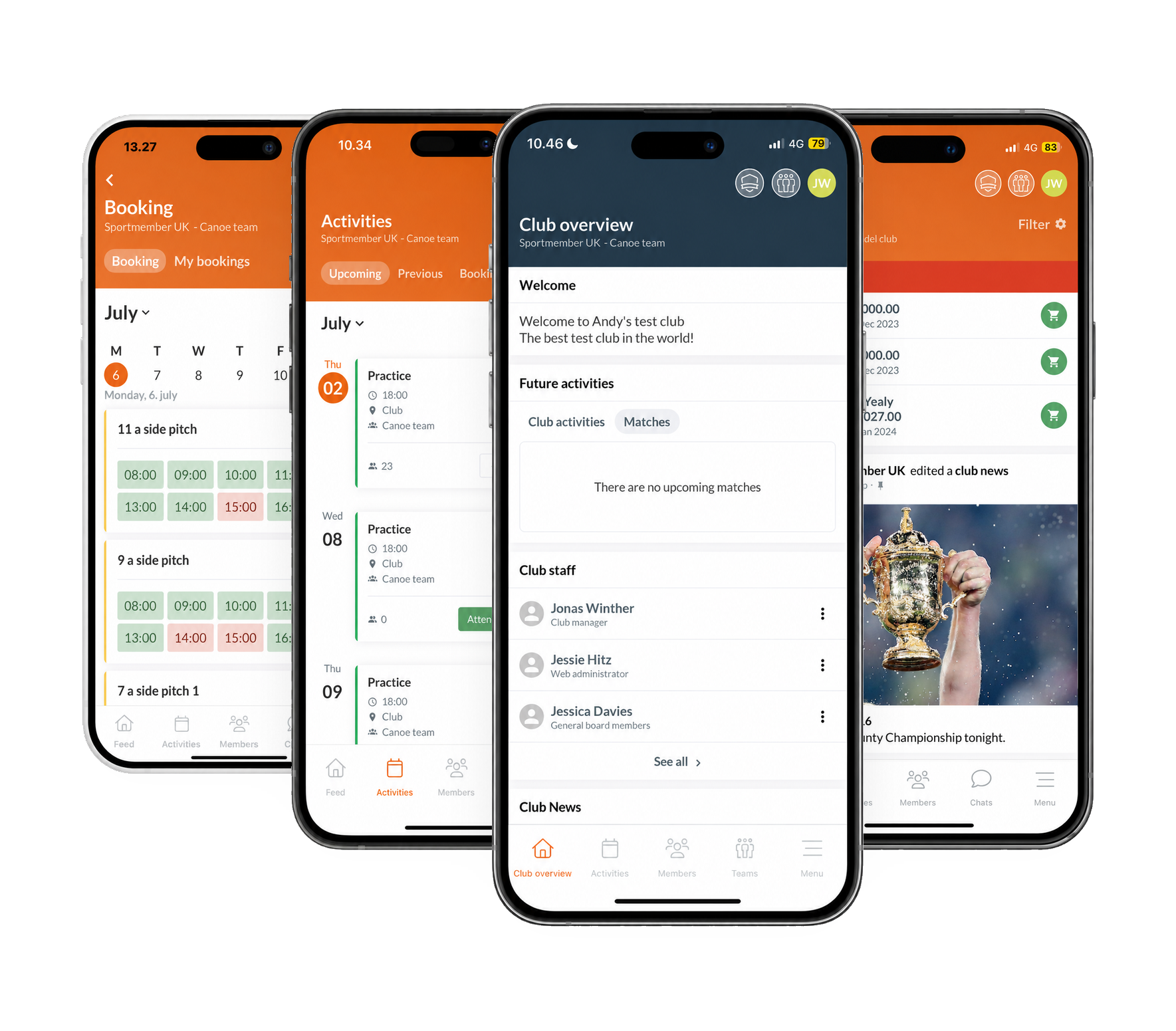 The SportMember app: booking, activities, club overview and feed on four phones